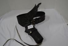 Hand Tooled Black Leather 37" Gun Belt w/8" Holster