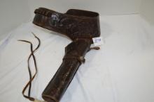 Hand Tooled Dark Brown 37" Leather Gun Belt w/11" Holster
