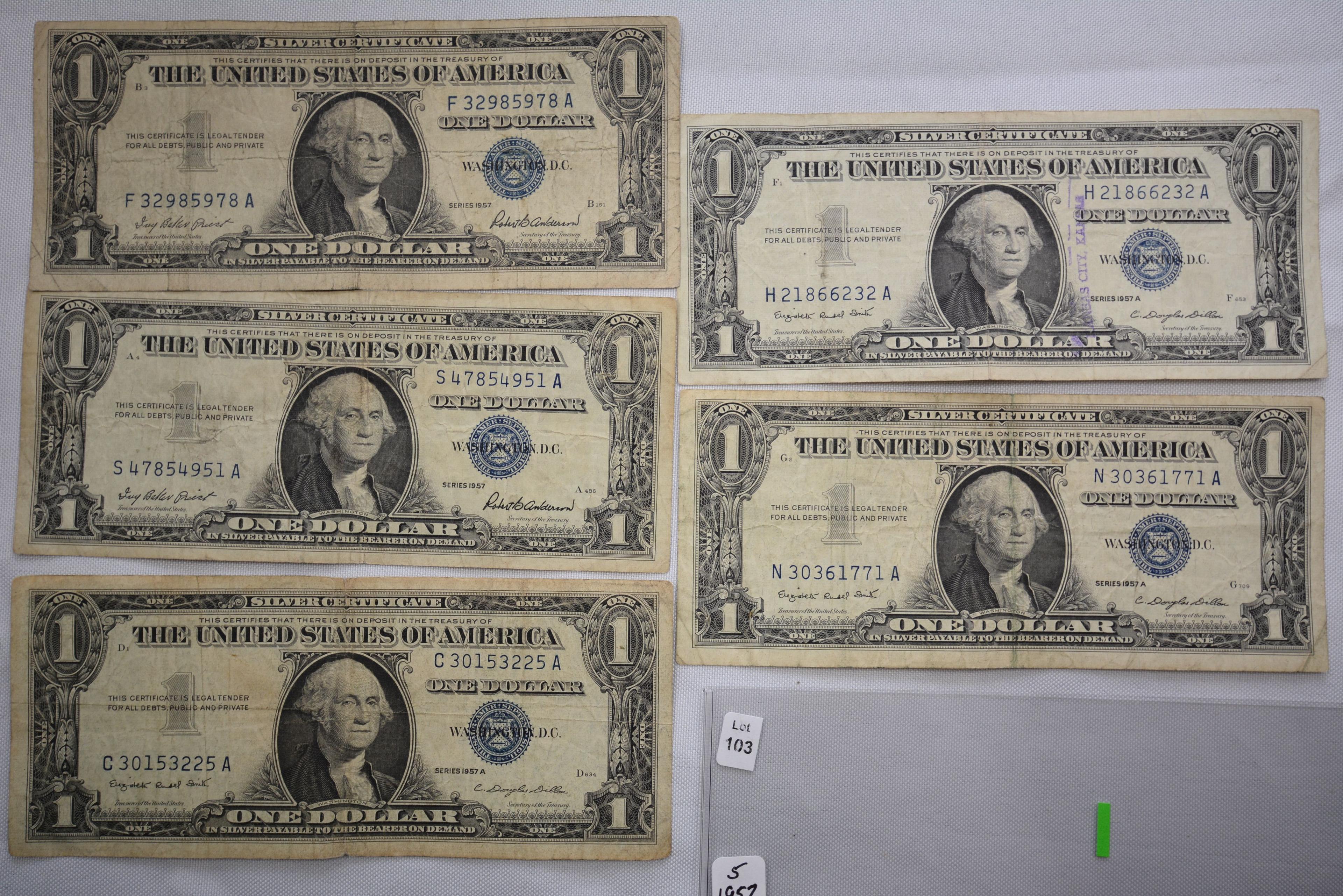 5 - 1957 One Dollar Silver Certificates; Circ.; 5xBID