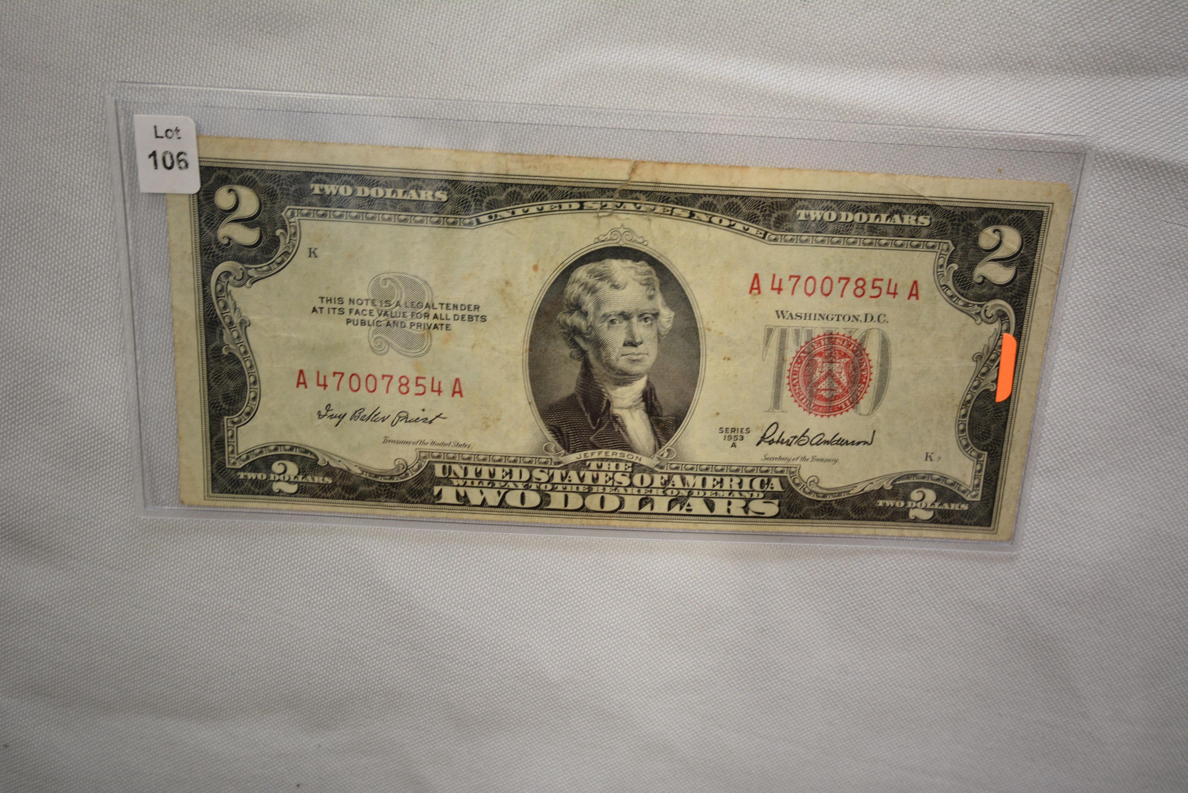 1953-A Two Dollar Red Seal Note; Circ.