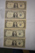 5 - 1957 One Dollar Silver Certificates; Circ.; 5xBID