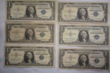 6 - 1957 One Dollar Silver Certificates; Circ.; 6xBID