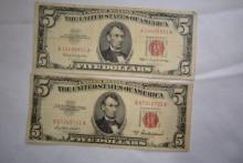 2 - Five Dollar Red Seal Notes including 1953-A and 1963; Circ.; 2xBID