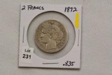 1872 French Two Francs Coin; .835 Silver