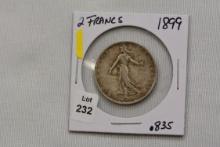 1899 French Two Francs Coin; .835 Silver