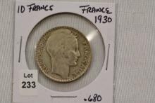1930 French Ten Francs Coin; .680 Silver