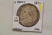 1870 French Five Francs Napoleon Coin; .900 Silver