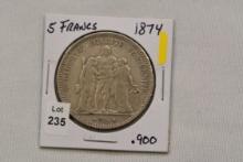 1874 French Five Francs Coin; .900 Silver