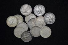 1 Lot of 13 - French One Franc Coins; .835 Silver
