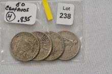 1 Lot of 4 - French Fifty Centimes Coin; .835 Silver