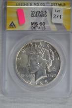 1923-S Peace Dollar; MS60 Details Cleaned
