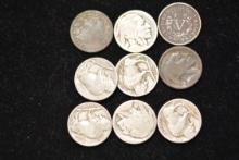 1 Lot of 9 Nickels including 5 Buffalo Head Nickels w/o Date, 2 Buffalo Head Nickels w/Date, and 2 V