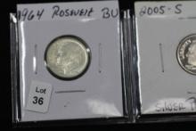 1964 BU Roosevelt Dime and 2005-S Silver Proof Roosevelt Dime