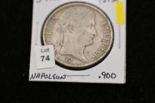 1812 French Five Francs Napoleon Coin; .900 Silver