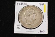 1831 French Five Francs Coin; .900 Silver