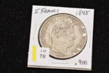 1845 French Five Francs Coin; .900 Silver