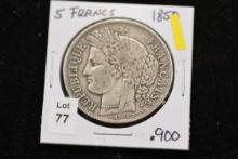 1855 French Five Francs Coin; .900 Silver