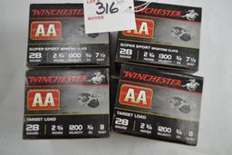 4 Boxes - Winchester AA Super Sport 28 Ga. 2-3/4" No. 7-1/2 Shot; 25 Rds./Box; 4xBID