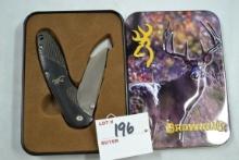 Browning Folding Lock-Blade Pocket Knife w/Belt Clip and Commemorative Tin; 7" OAL, 3-1/2" Blade