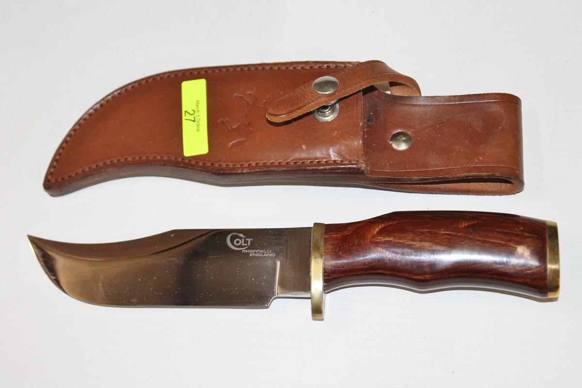 VINTAGE COLT, 10.5" OVERALL LENGTH, WOOD HANDLE KNIFE W/ SHEATH