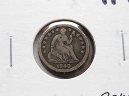 3 Seated Liberty Half Dime: 1849 F dark gouge, 1849/6 G, 1850-O F