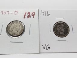 2 Barber Dimes: 1907-O Fine, 1916 VG