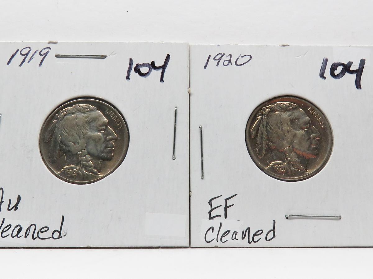 2 Buffalo Nickels Cleaned 1919 AU & 1920 EF