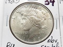 2 Peace $: 1923 BU obv scr, 1924 Unc ?die grease