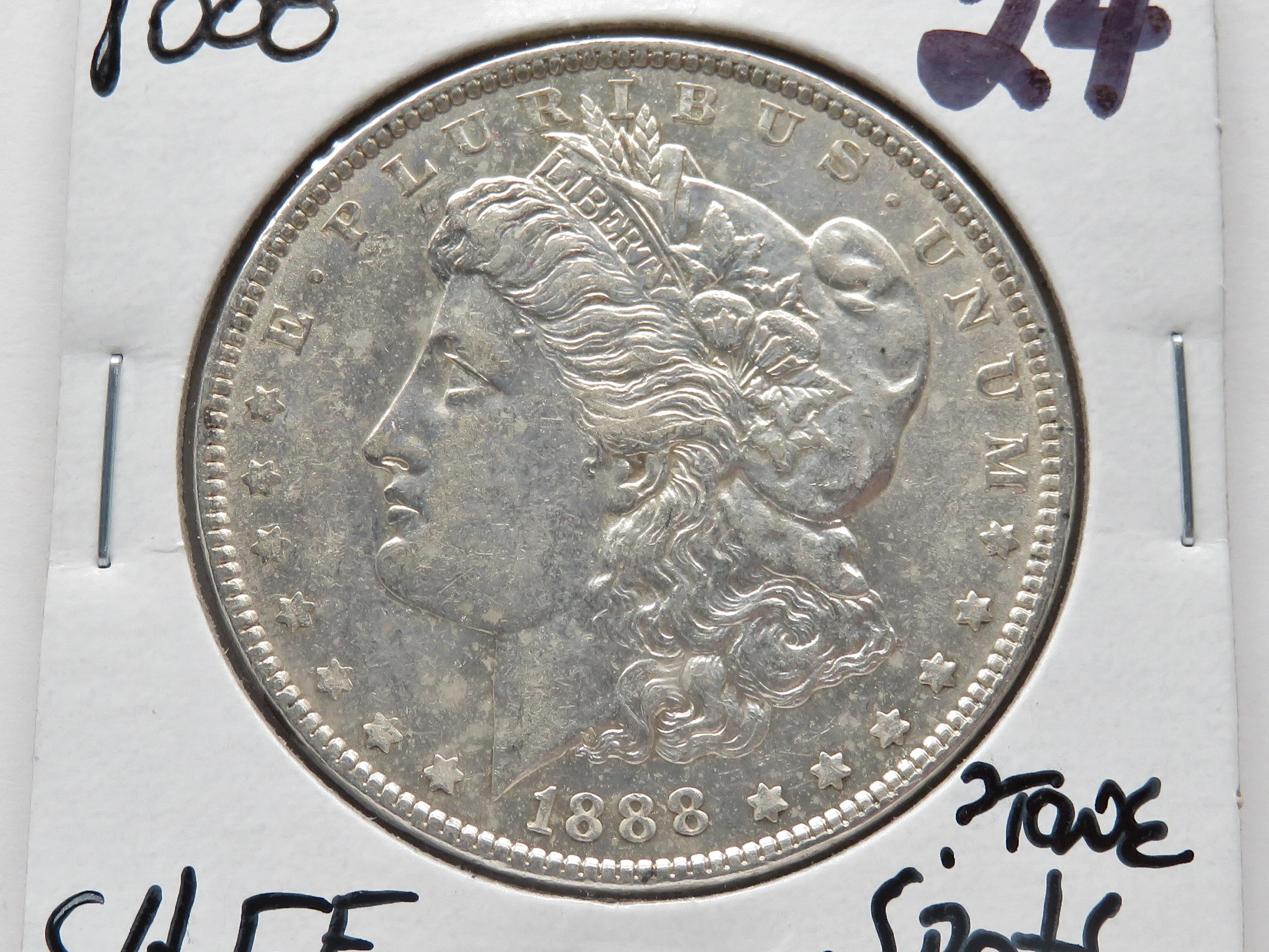 3 Morgan $: 1887-O VF altered surface, 1887S AU, 1888 CH EF ?tone spots