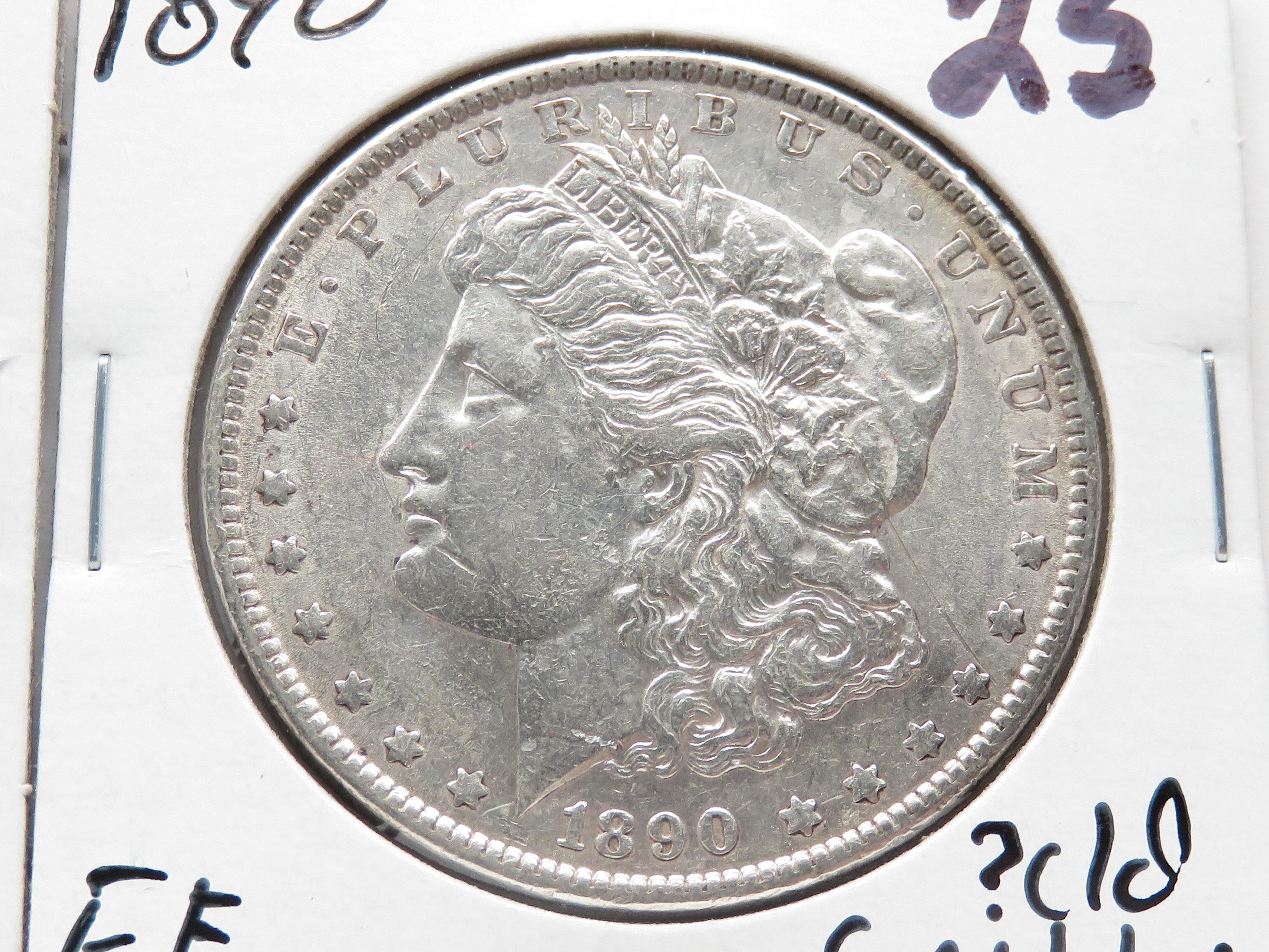 2 Morgan $: 1888-O AU clea, 1890 EF ?scrs clea