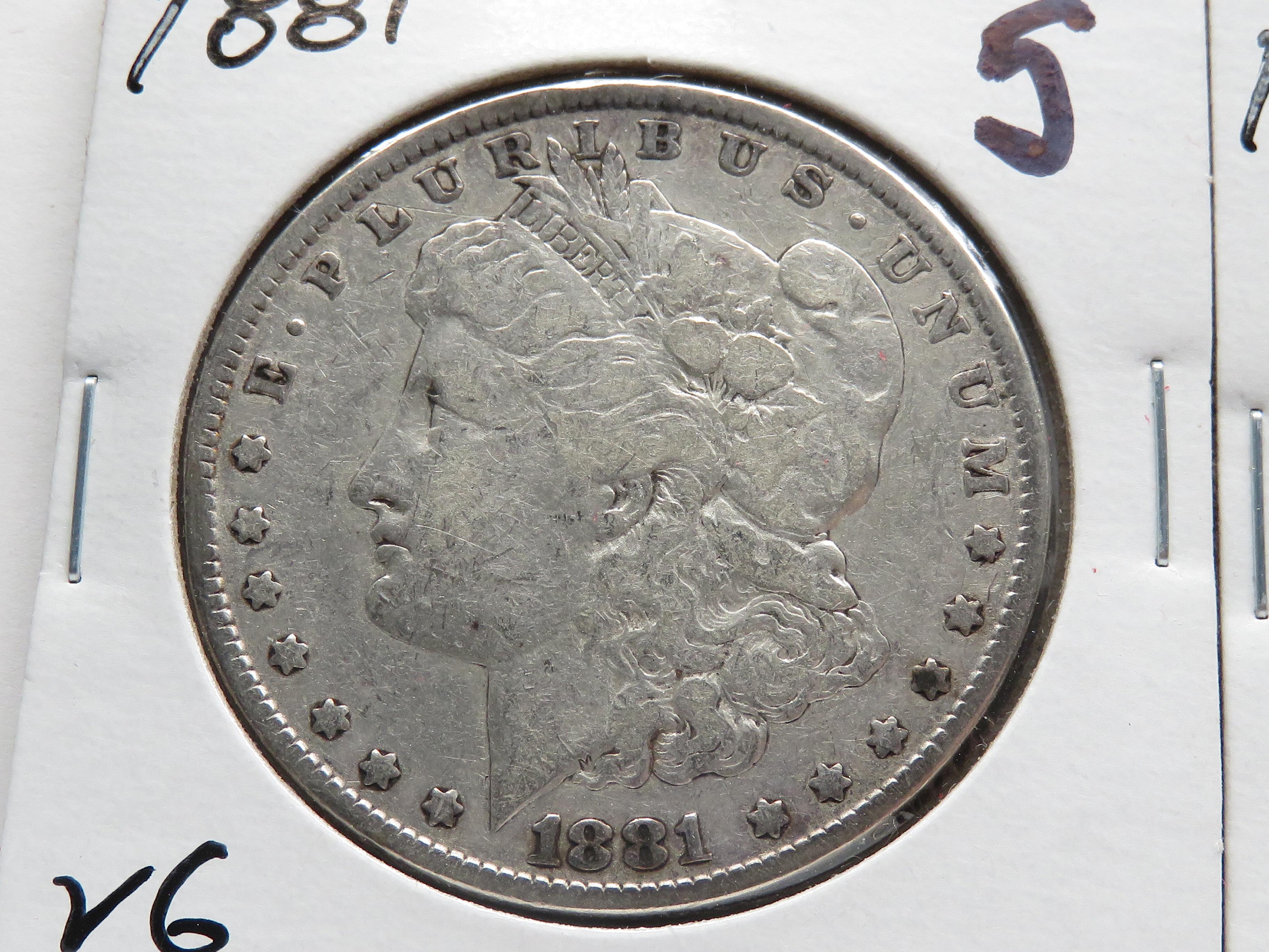 3 Morgan $: 1881 VG, 1882-O VG, 1883 F details problems