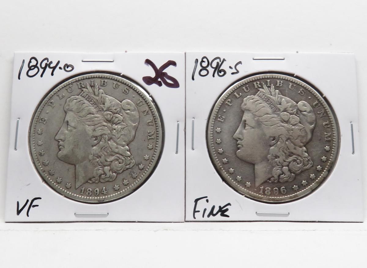 2 Morgan $: 1894-O VF better date, 1896S Fine
