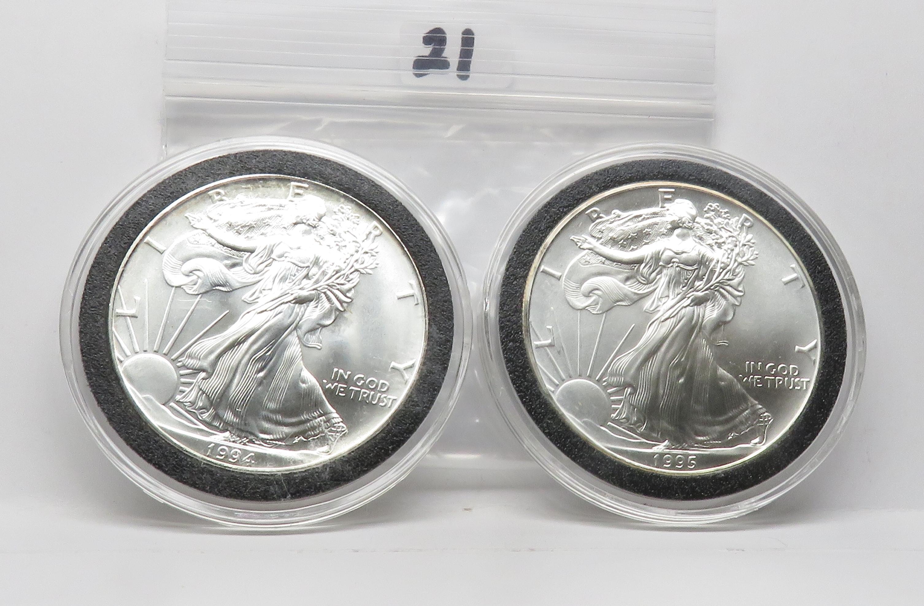 2 BU Silver American Eagles in holders