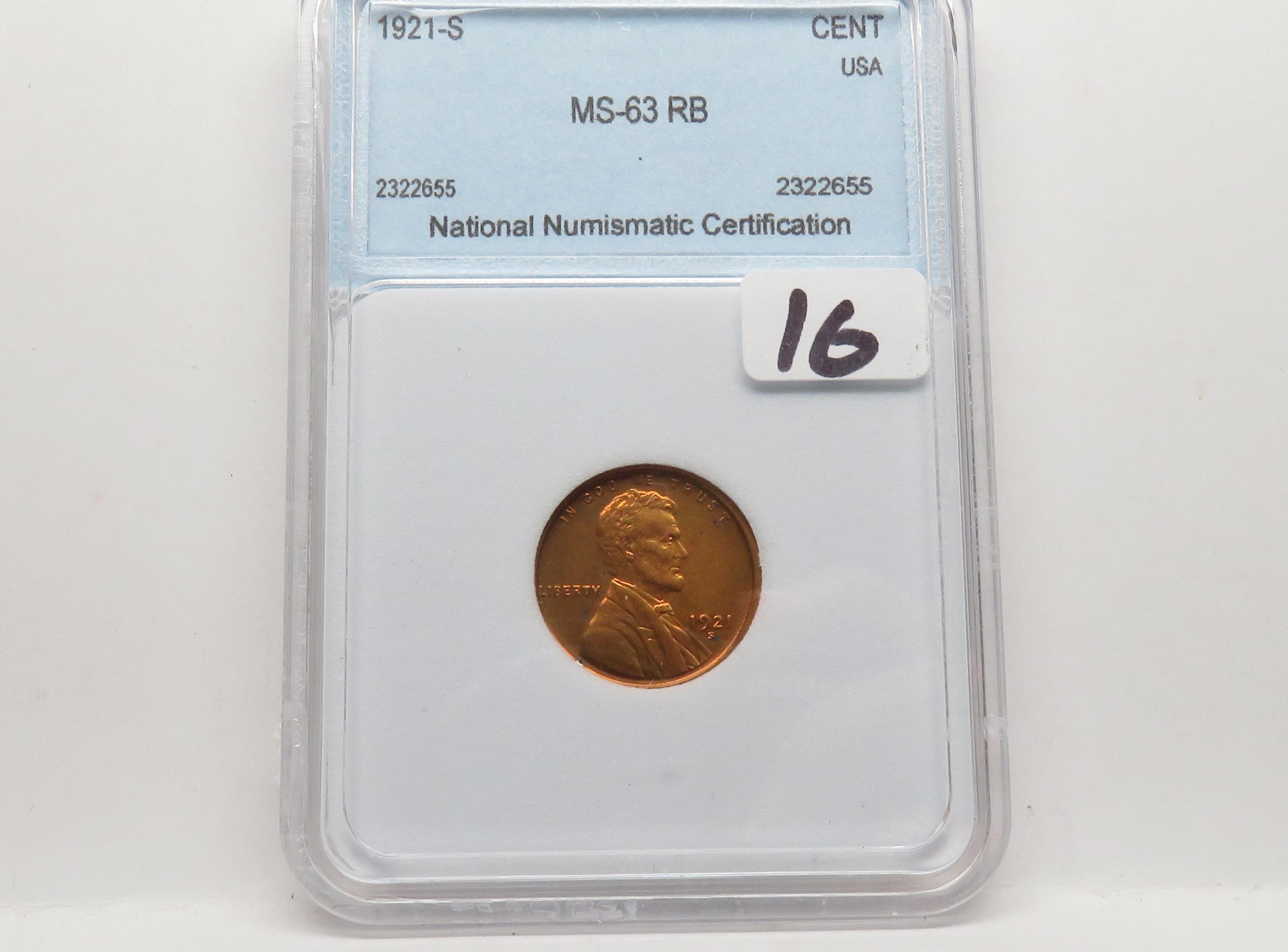 Lincoln Cent 1921S NNC MS63 RB