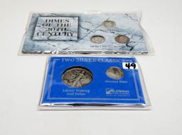 Mix: "Dimes of the 20th Century" display card with Silver Barber, Mercury, & Roosevelt; "Two Silver