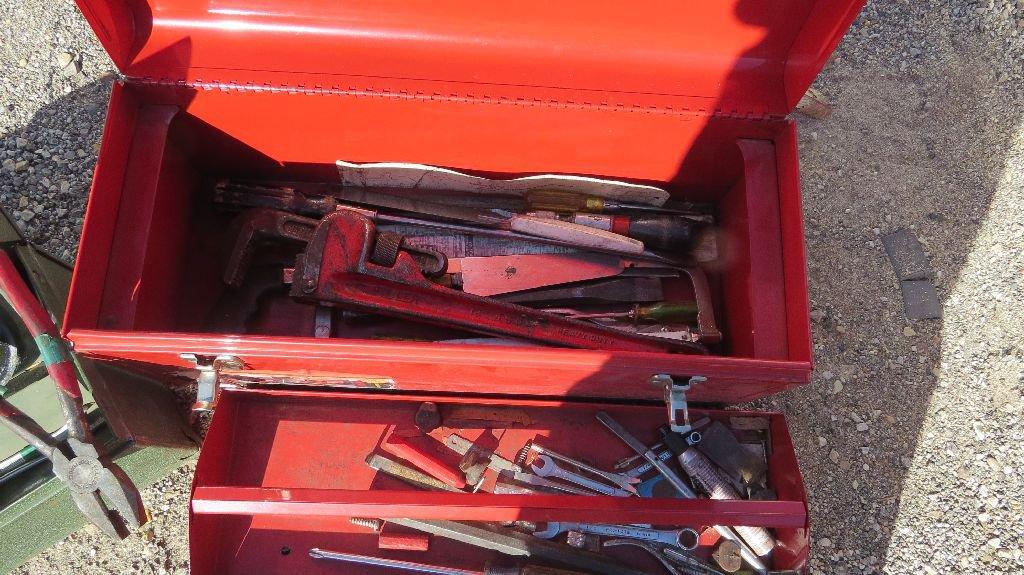 (2) Tool boxes with tools. Red tool box good condition.  Green tool box nee