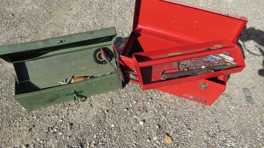 (2) Tool boxes with tools. Red tool box good condition.  Green tool box nee