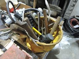 Pallet of misc tools, boxes, 60amp plugs, hydraulic hose.