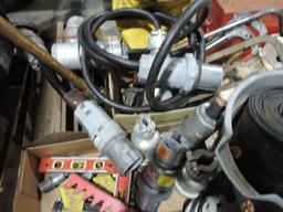 Pallet of misc tools, boxes, 60amp plugs, hydraulic hose.