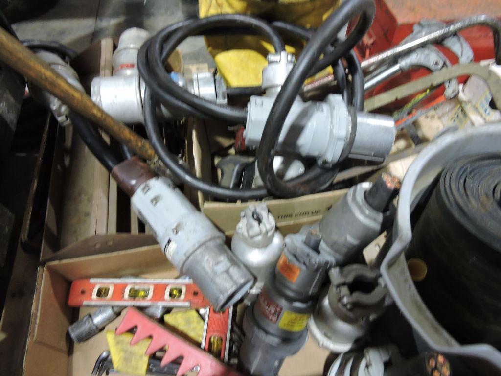 Pallet of misc tools, boxes, 60amp plugs, hydraulic hose.