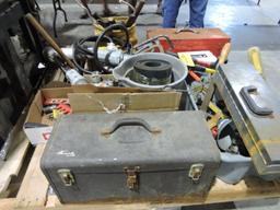 Pallet of misc tools, boxes, 60amp plugs, hydraulic hose.