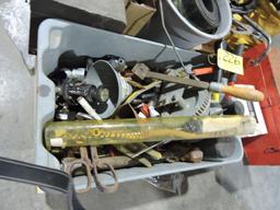 Pallet of misc tools, boxes, 60amp plugs, hydraulic hose.
