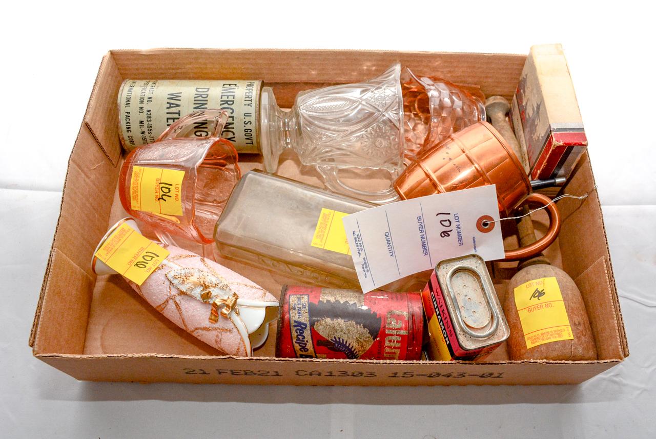 Flat of Misc. Glassware and Tins