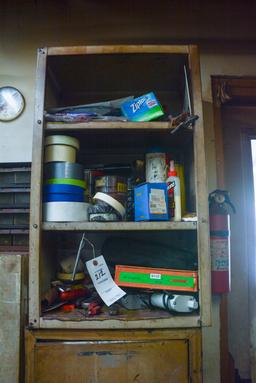 Cabinet and contents: Tools, Gauges, Motor Oil, Sm Engine Part, Misc.