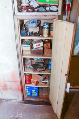 Cabinet and contents: Tools, Gauges, Motor Oil, Sm Engine Part, Misc.