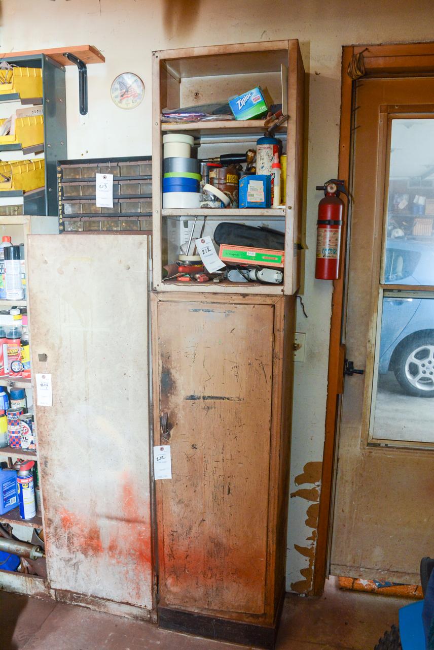 Cabinet and contents: Tools, Gauges, Motor Oil, Sm Engine Part, Misc.