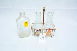 (3) Milk Bottles; 2-Bottle Carrier, Unipak & Hickory Hills