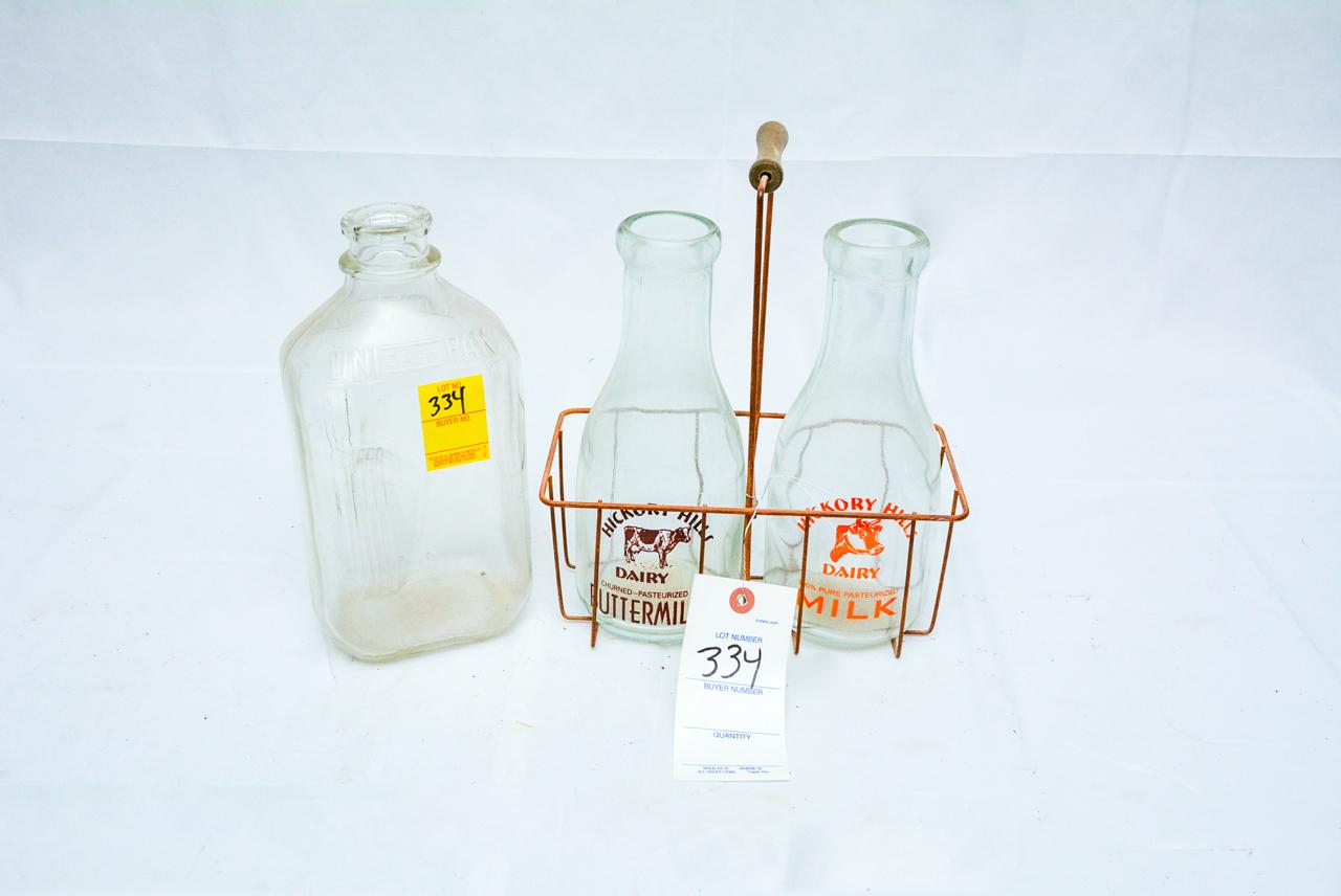 (3) Milk Bottles; 2-Bottle Carrier, Unipak & Hickory Hills
