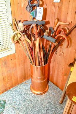 Copper Umbrella Stand with Lg Assortment of Canes; Pair of Vintage Fencing Swords