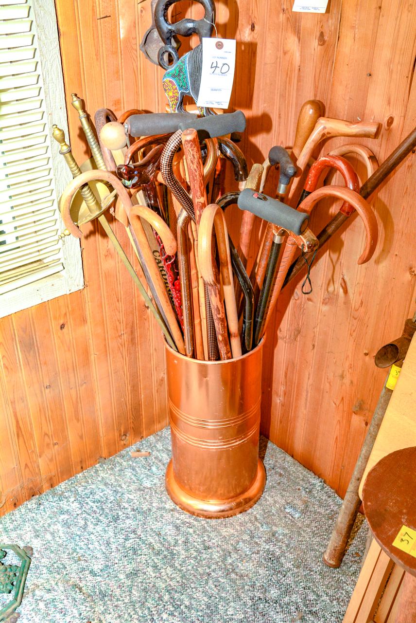 Copper Umbrella Stand with Lg Assortment of Canes; Pair of Vintage Fencing Swords